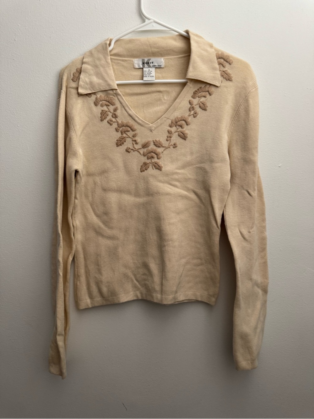 Women's Embroidered Collared V-Neck Sweater - Beige